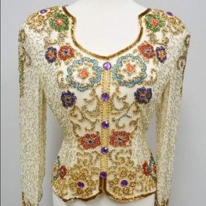 Stunning 100% Silk Joan Leslie Evenings Ivory Beaded Top